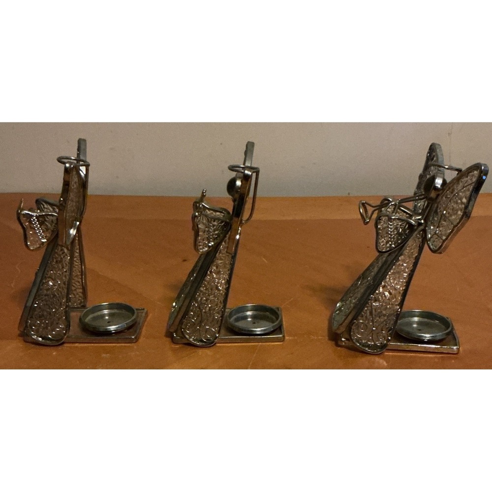 Set Of 3 Textured‎ Glass Angel Figurine Tealight Holder Holding Instruments - Picture 5 of 14